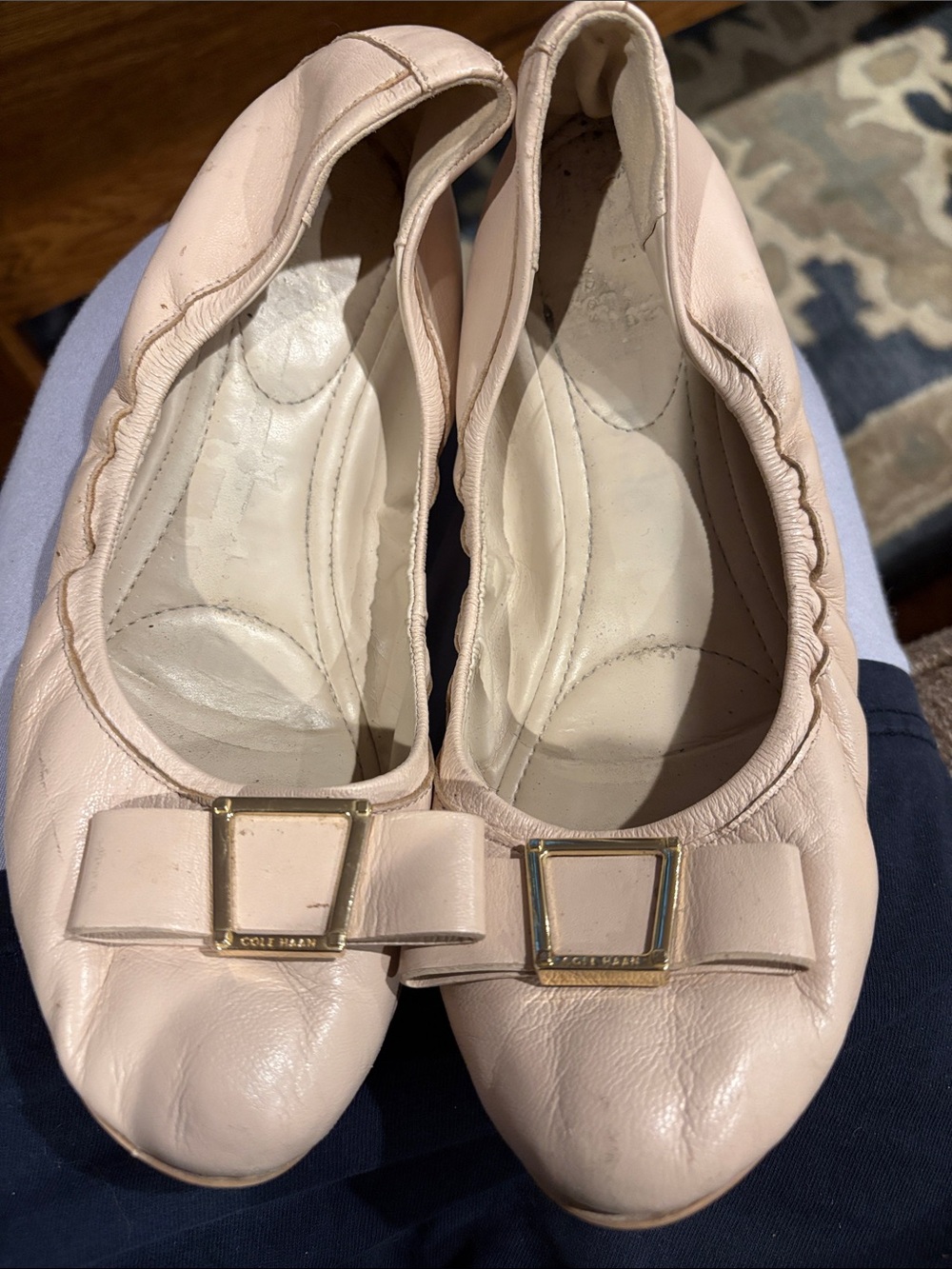 Cole Haan Pale Pink Leather Bow Ballet Flats with Gold Accent